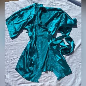 LaSenza Teal Satin Robe and Slip Set with Lace Detail size XL NWOT with Belt